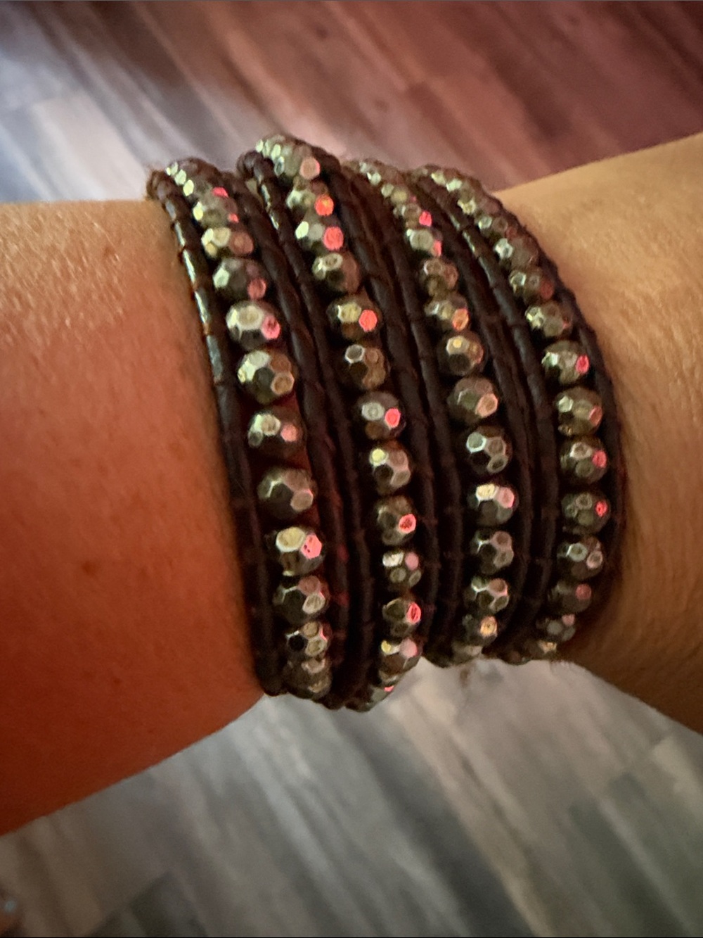 Multi-Strand Brown Leather Wrap Bracelet with Silver Beads